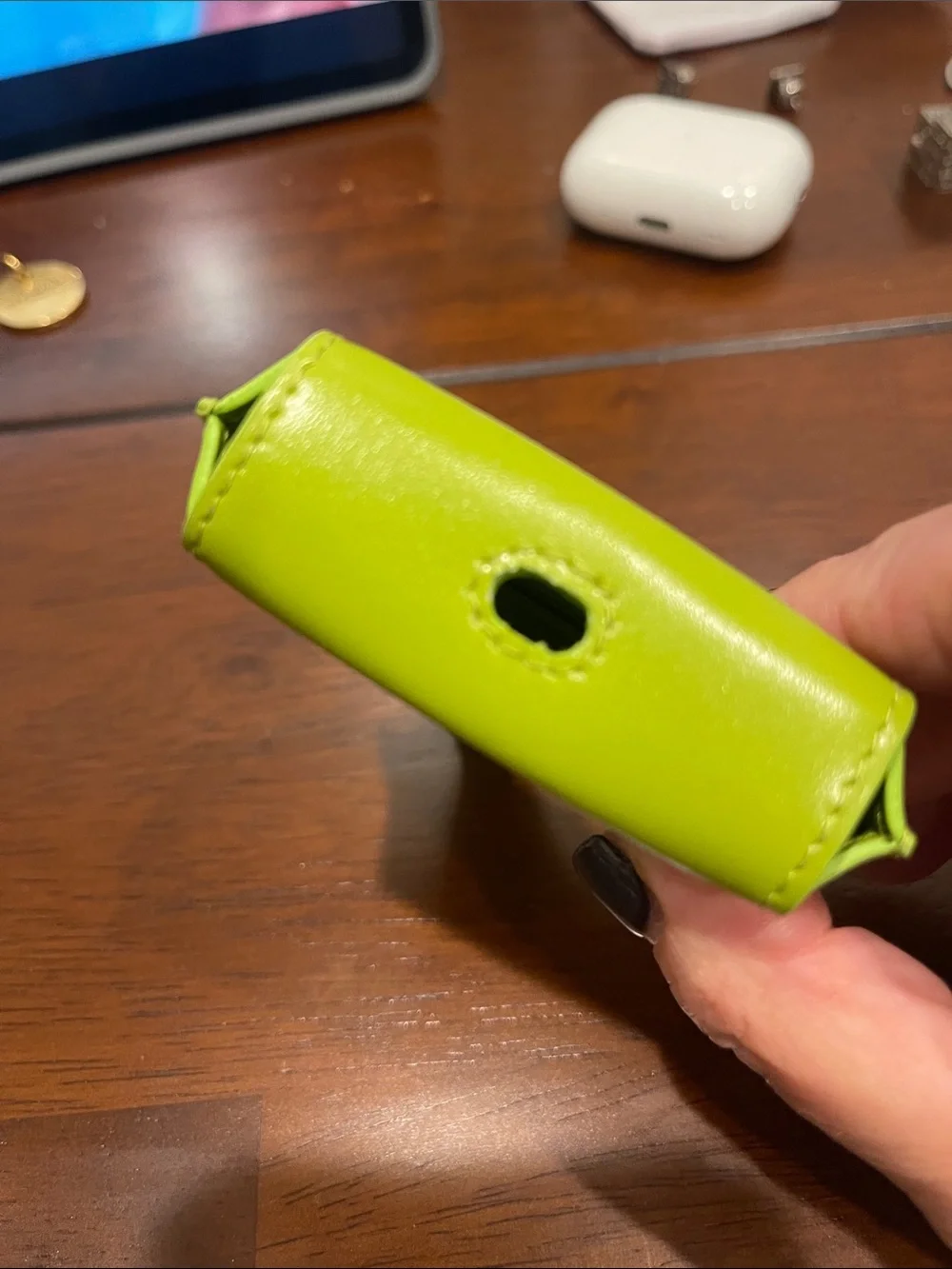 Givenchy Lime Green Leather Earbud Case with Silver Clip